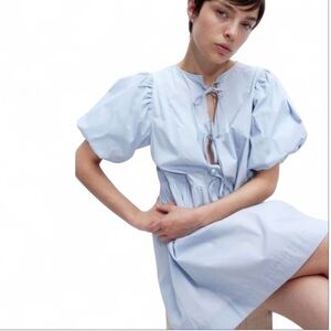 DIVIDED 100% Cotton Tie Detail Puff Sleeve Mini Dress Light Blue Size Small